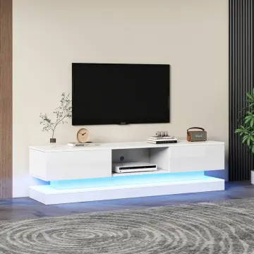 Image relative au Meuble TV brillant avec éclairage LED 2 tiroirs contrôle par application design anti-basculement pour téléviseur 60 pouces Blanc