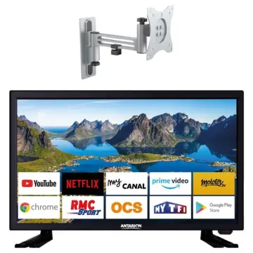 Image relative au pack tv led 22pouces 55cm full hd android 11.0 smart tv camping car support tv 180°